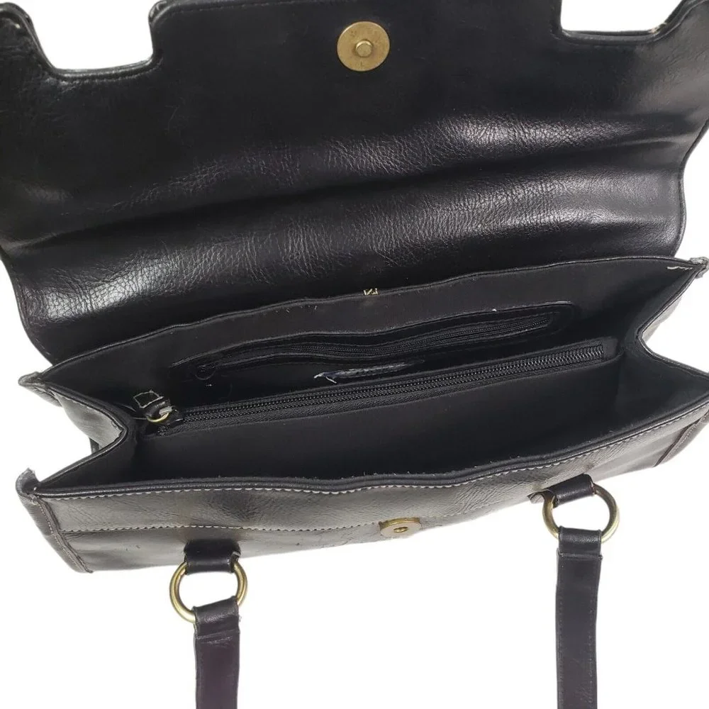 Bass Handbag Purse Black Leather Compartments Magnetic Closure Double Handles - Picture 3 of 7